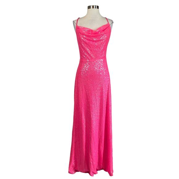 Pink Sequined Backless Evening Gown Size 18 Sleeveless Thigh Slit Formal by AQUA - Picture 1 of 11